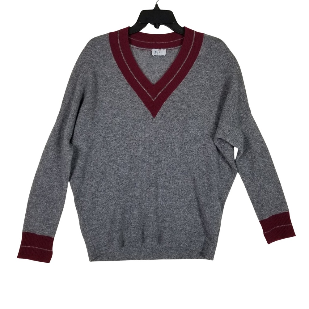 3VERY V-Neck Sweater Women Size 1 Grey Burgundy 100% Cashmere Varsity Trim
